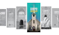 Image featuring six of the HRC Coming Home guides with the "Coming Home to Evangelicalism" in the center and in color while the other covers are in black and white.