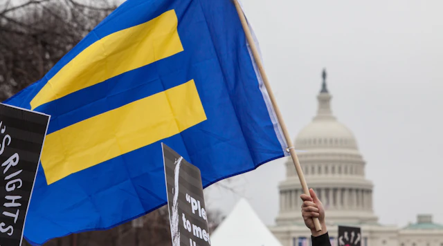 HRC flag with blue background and yellow equal sign flies in front of U.S. Capitol