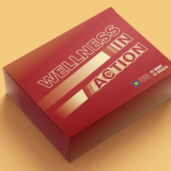 Red box with gold lettering that reads "WELLNESS IN ACTION" in all caps with the HRC equality logo in the bottom right corner of the box.