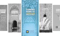 Image featuring five of the HRC Coming Home guides with the "Coming Home to Catholicism" in the center and in color while the other covers are in black and white.