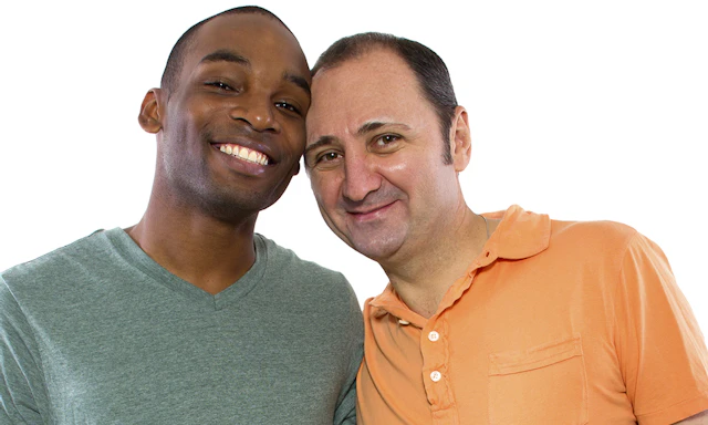 Image of an inter-racial gay couple. Black man on the left and a white man on the right.