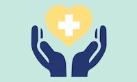 Illustrated graphic of open hands cupping a heart with the hospital cross on the heart.